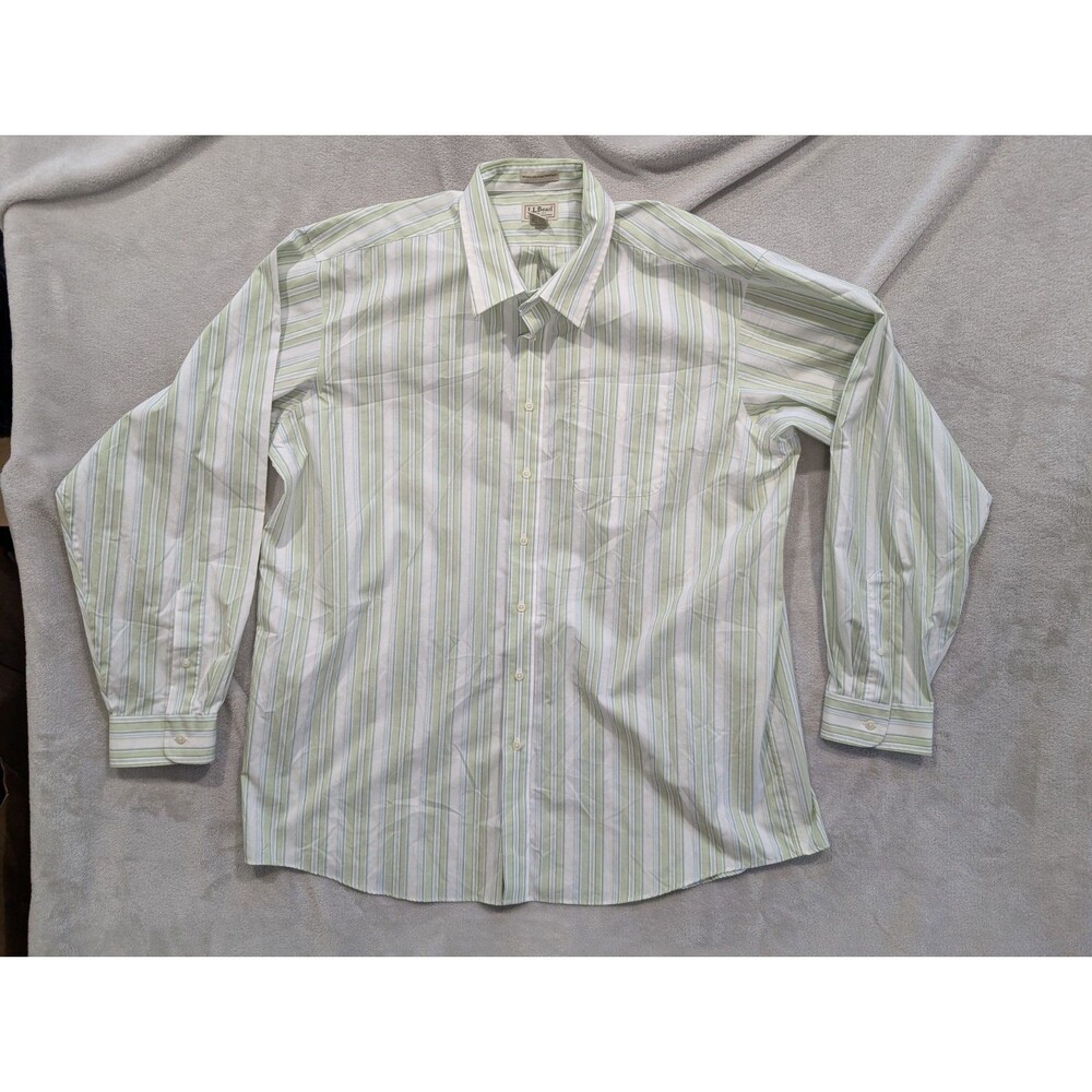 LL Bean Men Extra Extra Large XXL Tall Button Down Shirt White Green Stripes